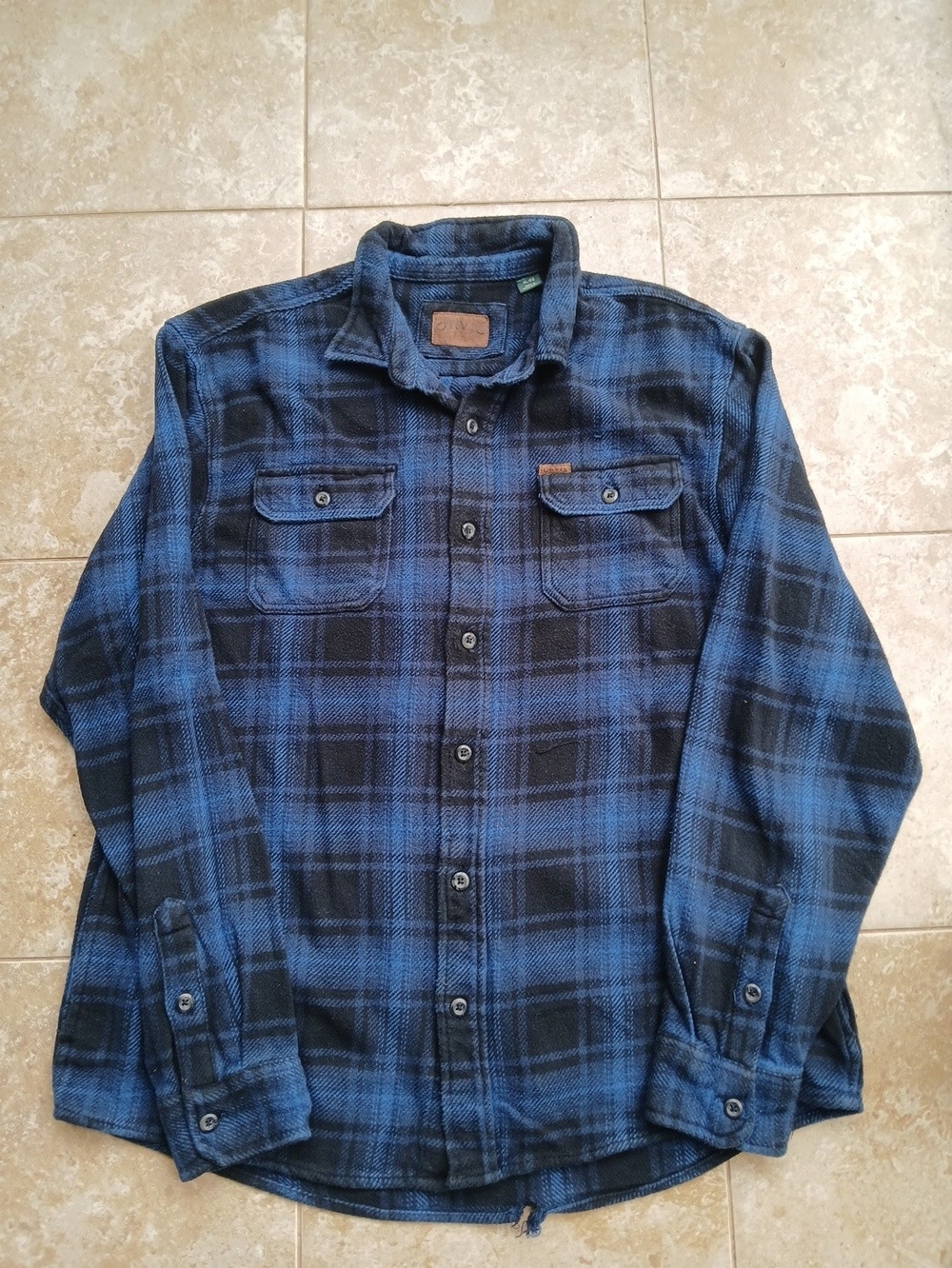 Orvis Blue and Black Plaid Button-Down Flannel Shirt